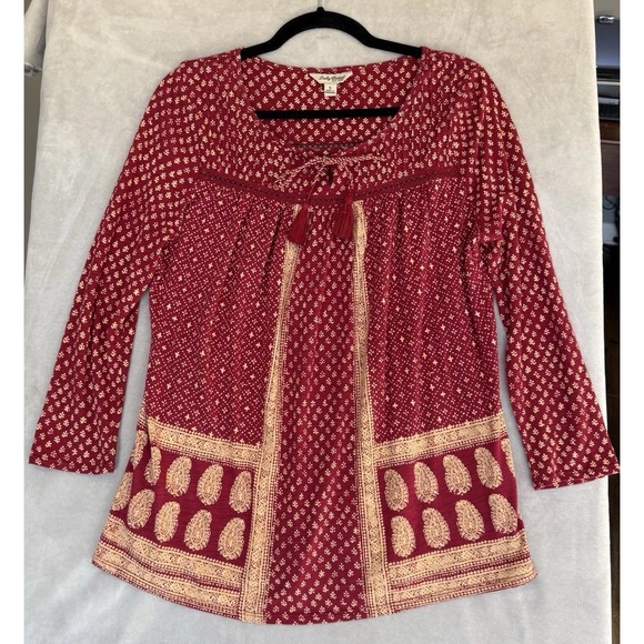 Lucky Brand Top Womens Small Red V-Neck Long Sleeve Boho Tunic Blouse Tassel - Picture 2 of 8